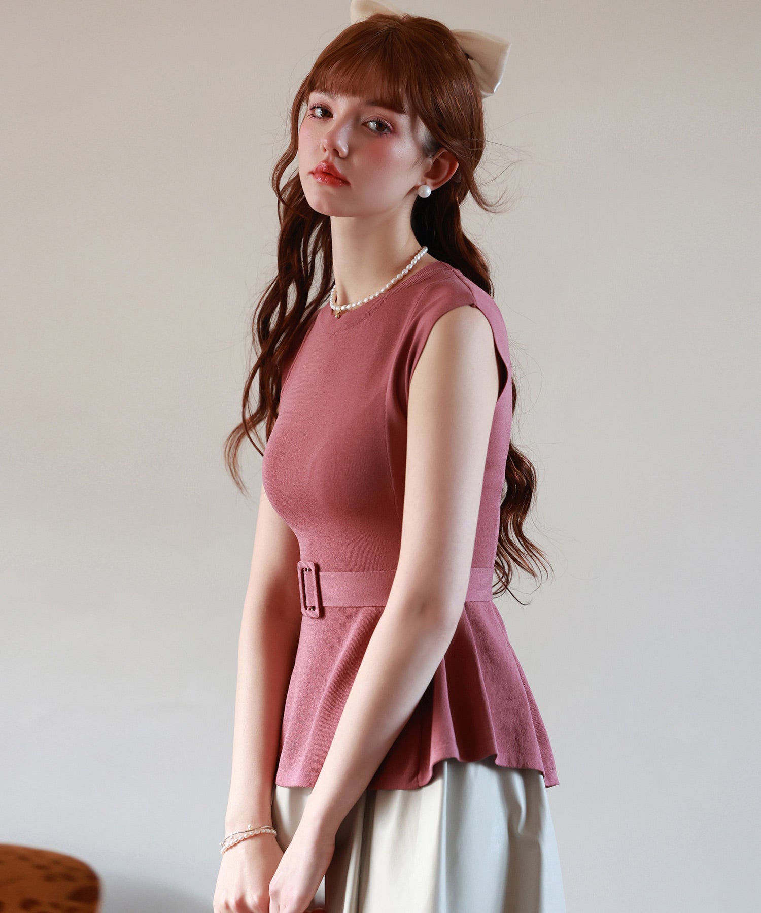 【2way】ペプラム裾サマーニットsdpxyf6129 エンジ