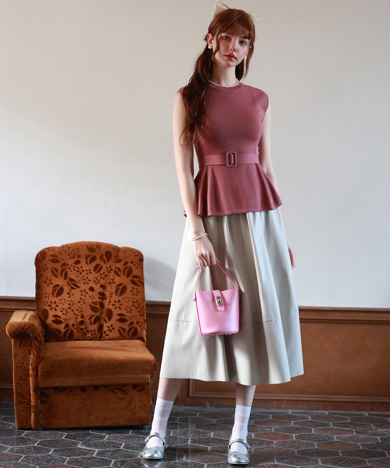 【2way】ペプラム裾サマーニットsdpxyf6129 エンジ