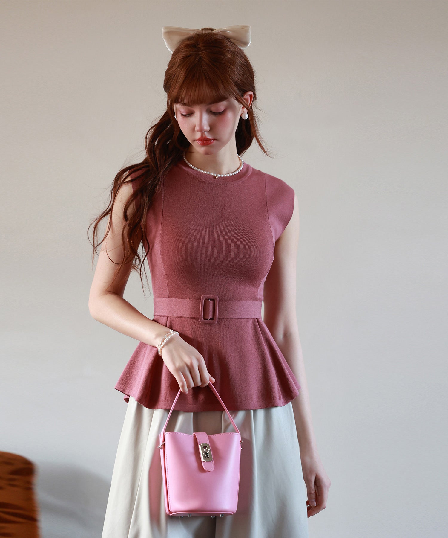 【2way】ペプラム裾サマーニットsdpxyf6129 エンジ