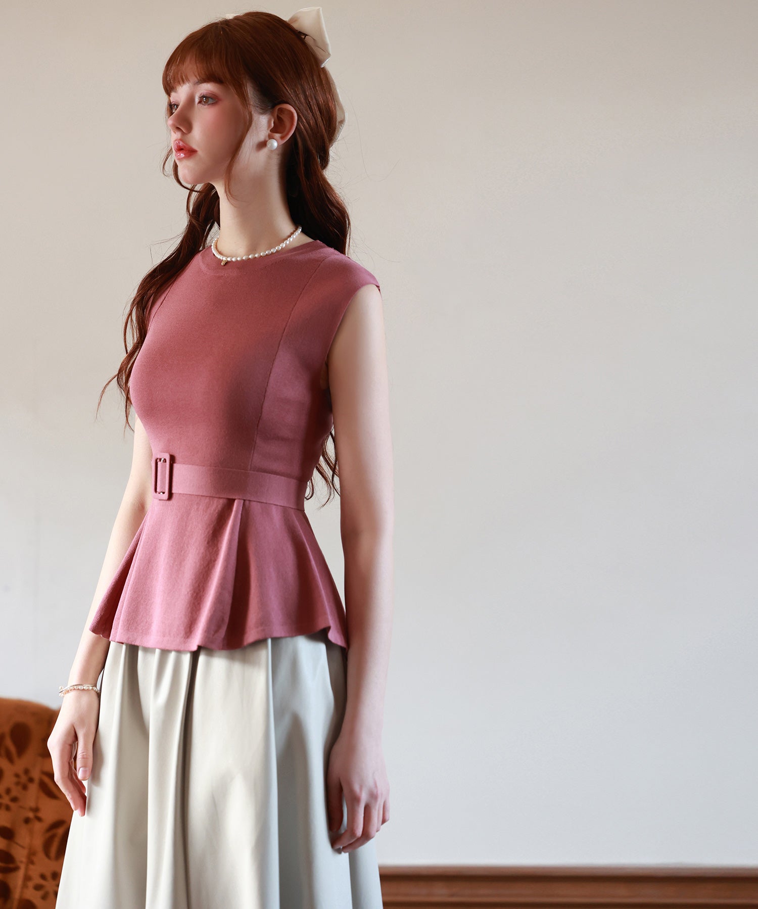 【2way】ペプラム裾サマーニットsdpxyf6129 エンジ