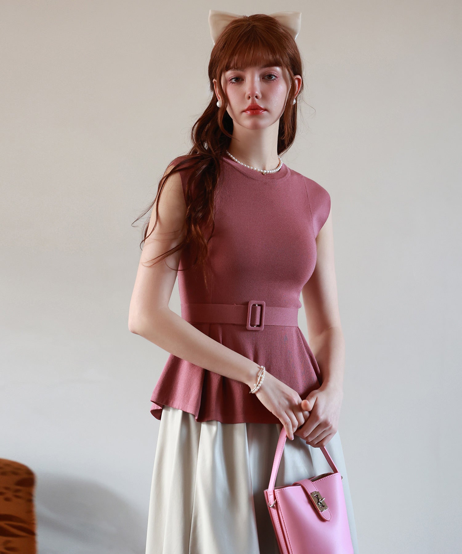 【2way】ペプラム裾サマーニットsdpxyf6129 エンジ