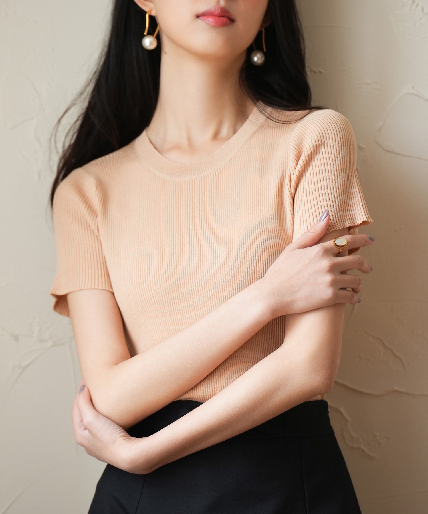 リブ編みクルーネックサマーニットsdpxyf6133 ベージュ