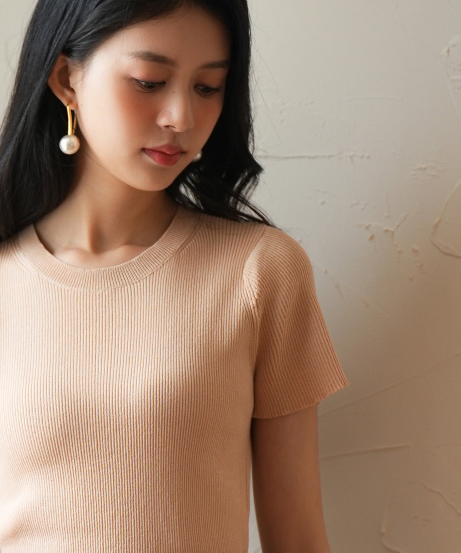 リブ編みクルーネックサマーニットsdpxyf6133 ベージュ