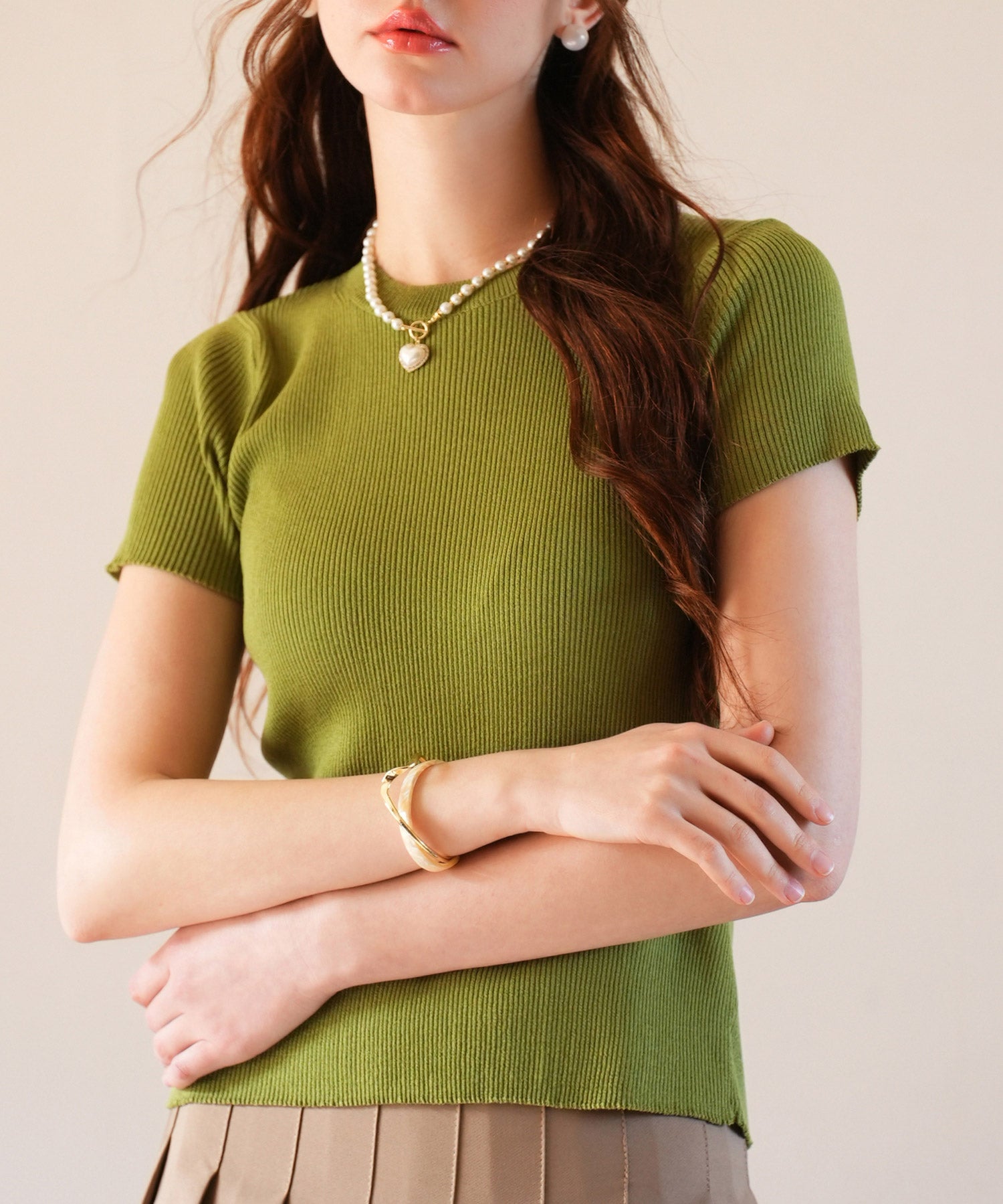 リブ編みクルーネックサマーニットsdpxyf6133 グリーン