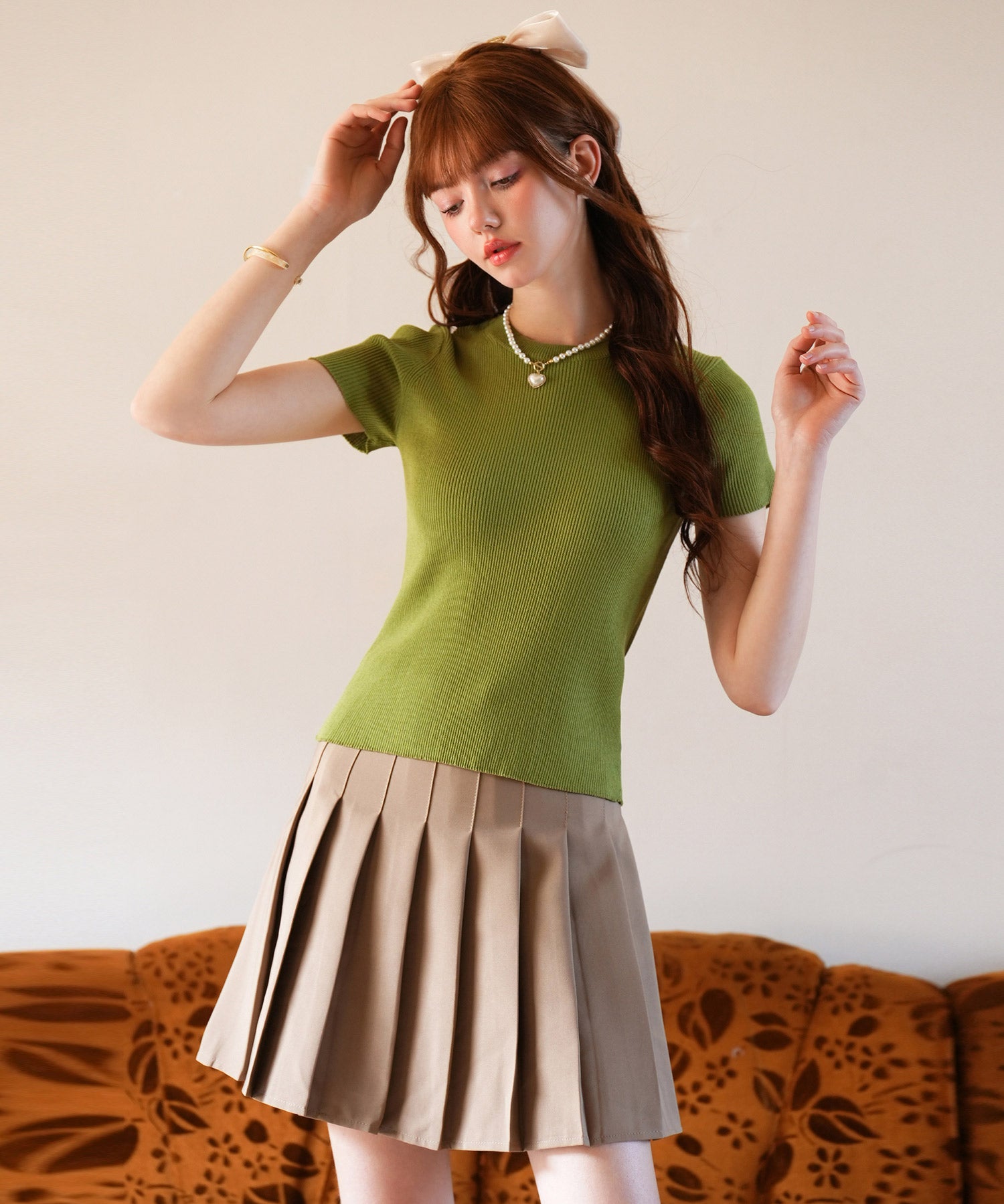 リブ編みクルーネックサマーニットsdpxyf6133 グリーン