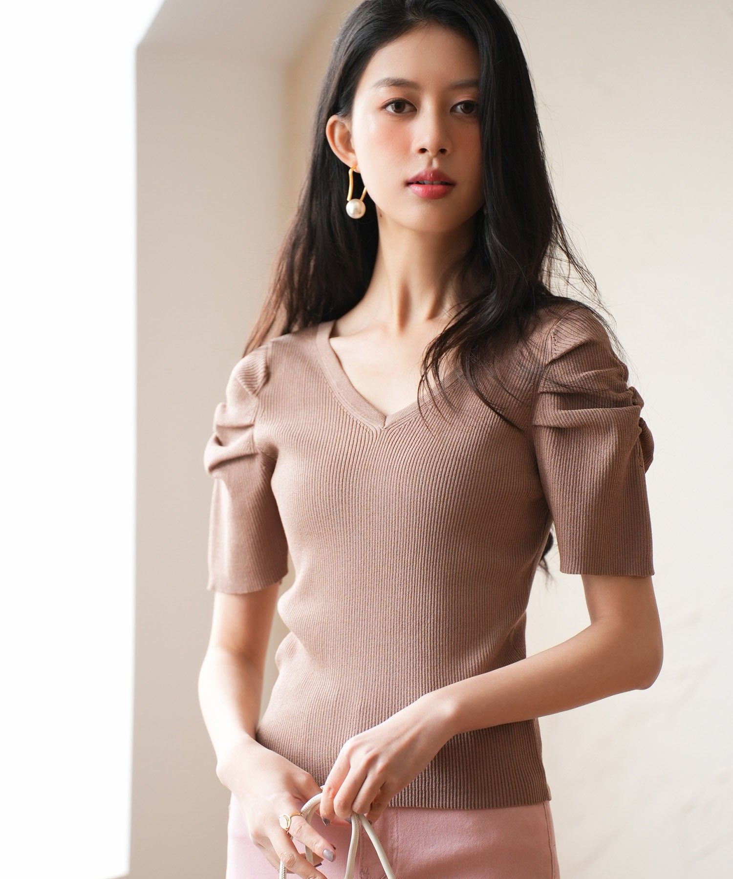 ギャザーパフスリーブVネックニットプルオーバsdpxyf6135-103-17