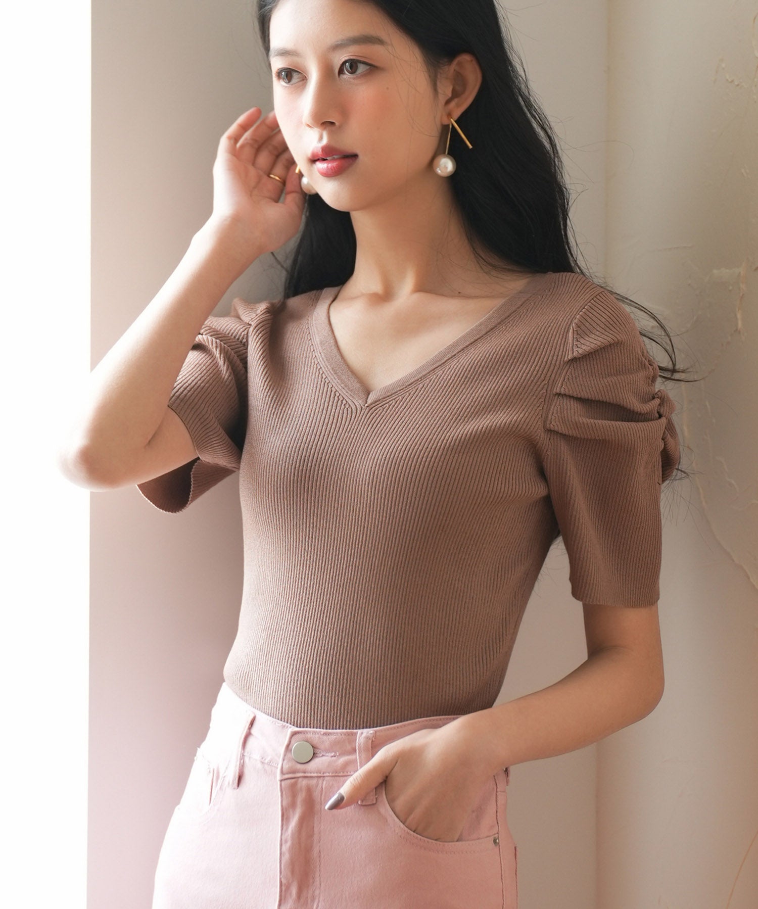 ギャザーパフスリーブVネックニットプルオーバsdpxyf6135 ブラウン