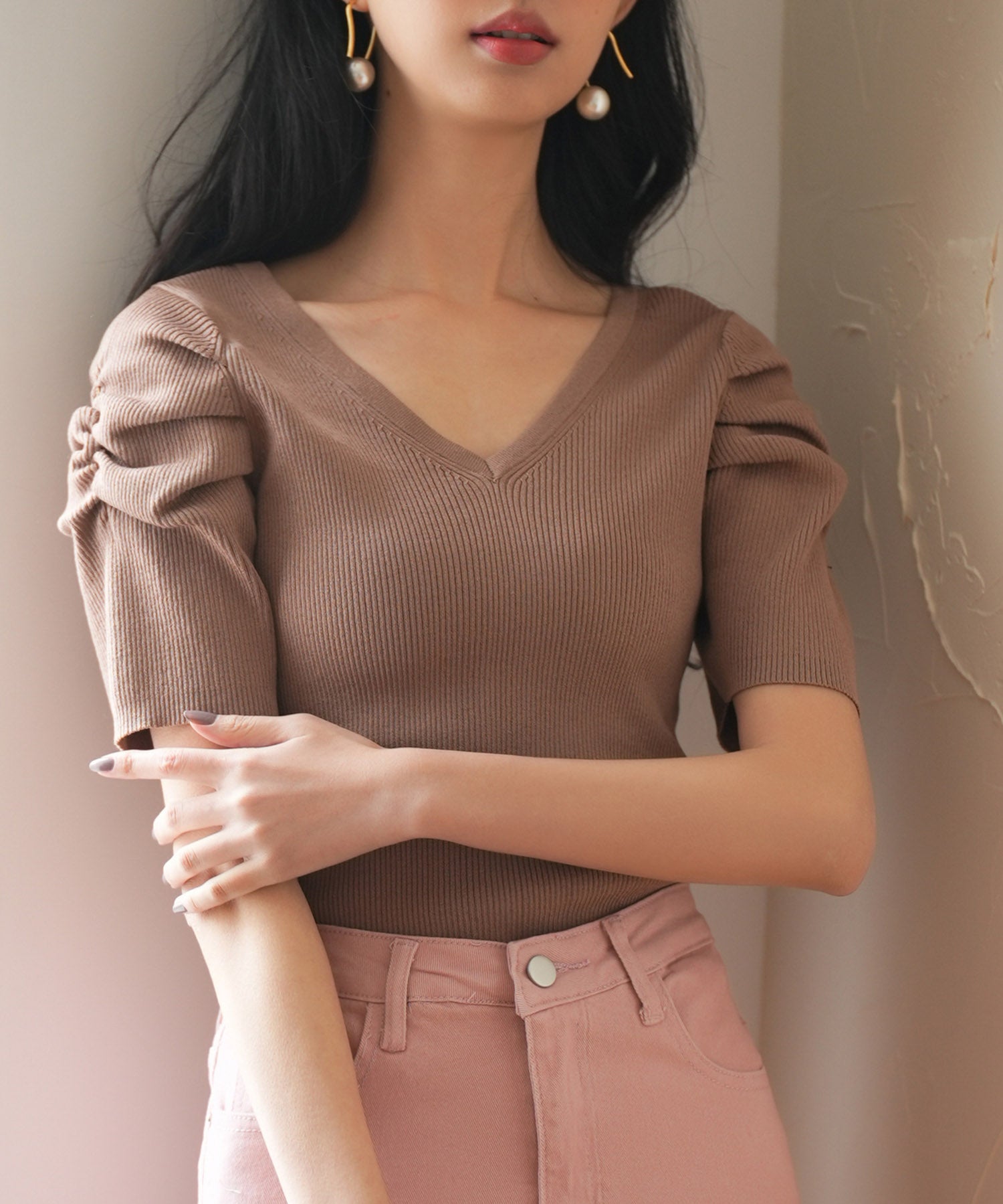 ギャザーパフスリーブVネックニットプルオーバsdpxyf6135 ブラウン