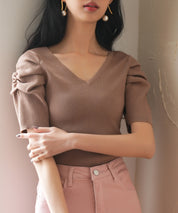 ギャザーパフスリーブVネックニットプルオーバsdpxyf6135 ブラウン
