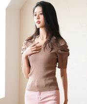 ギャザーパフスリーブVネックニットプルオーバsdpxyf6135 ブラウン