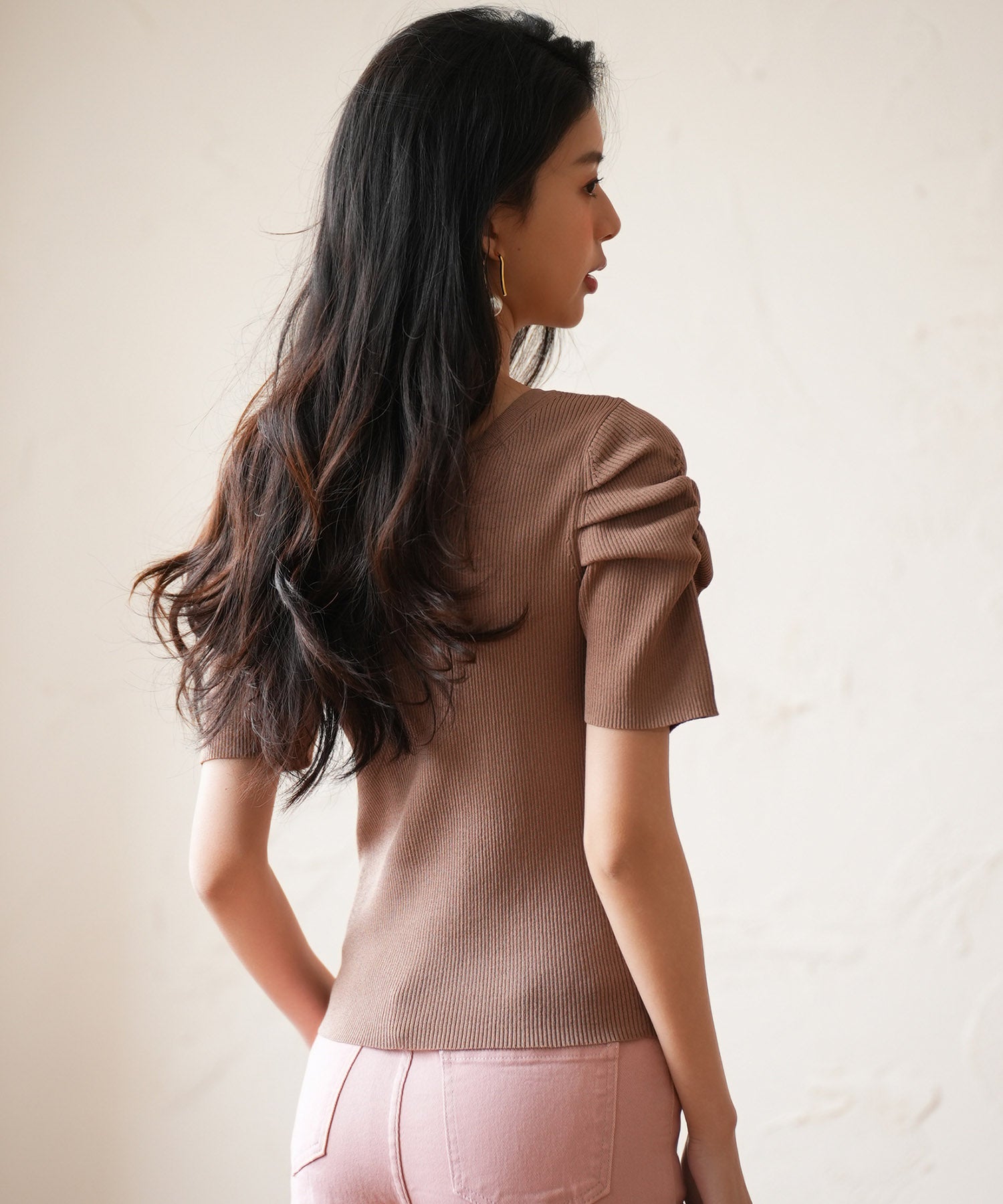 ギャザーパフスリーブVネックニットプルオーバsdpxyf6135 ブラウン