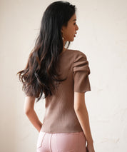 ギャザーパフスリーブVネックニットプルオーバsdpxyf6135 ブラウン