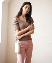 ギャザーパフスリーブVネックニットプルオーバsdpxyf6135 ブラウン