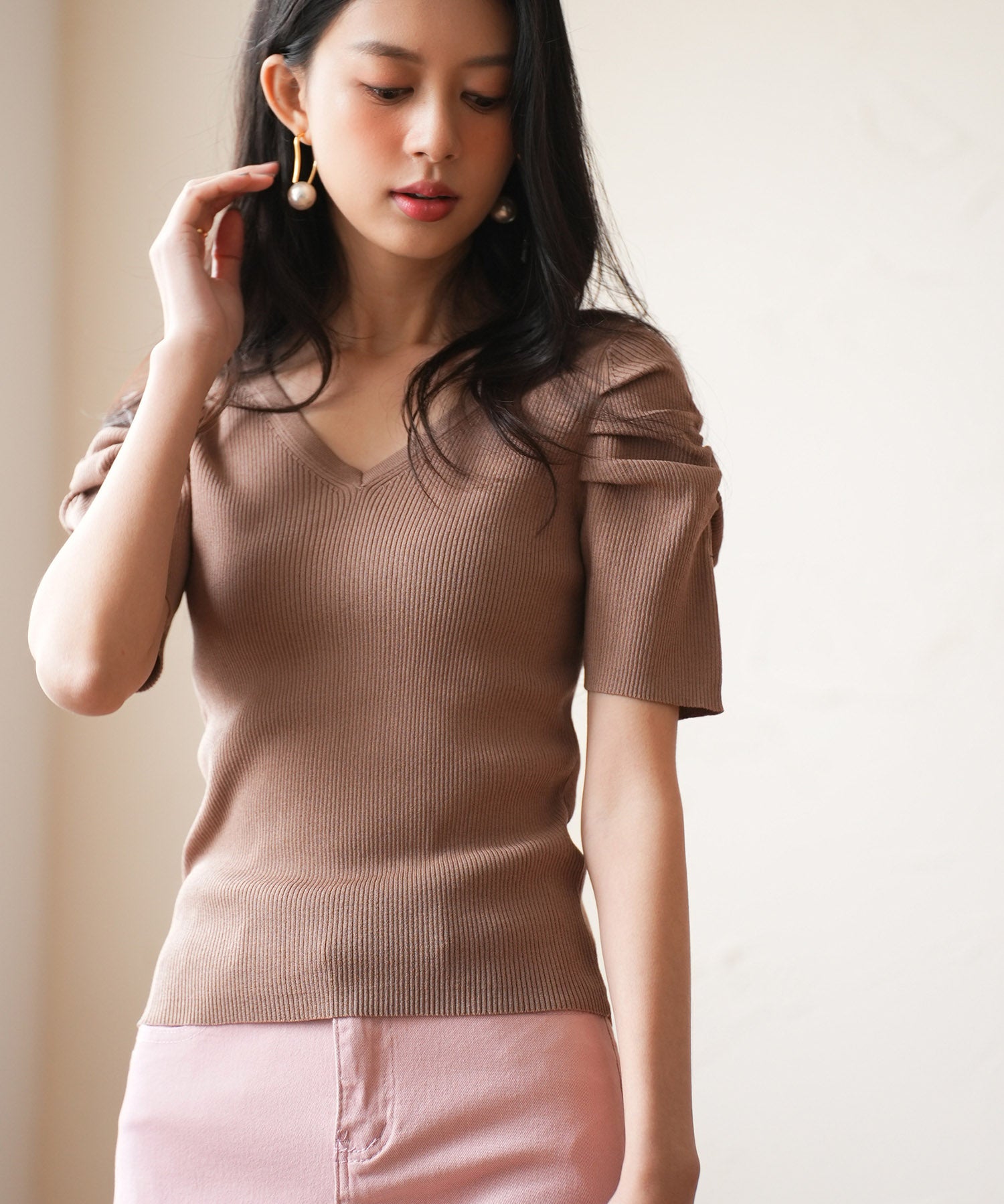 ギャザーパフスリーブVネックニットプルオーバsdpxyf6135 ブラウン