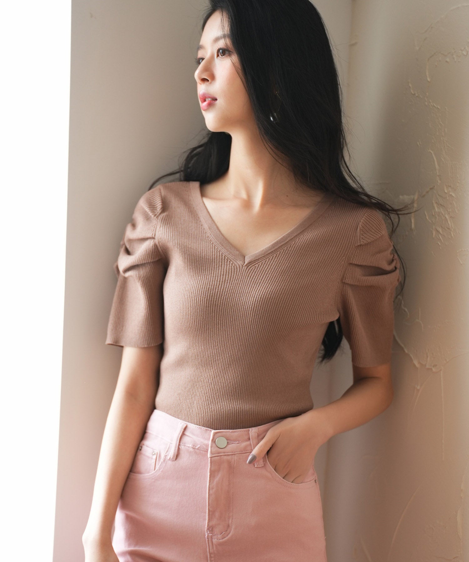 ギャザーパフスリーブVネックニットプルオーバsdpxyf6135 ブラウン