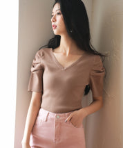 ギャザーパフスリーブVネックニットプルオーバsdpxyf6135 ブラウン