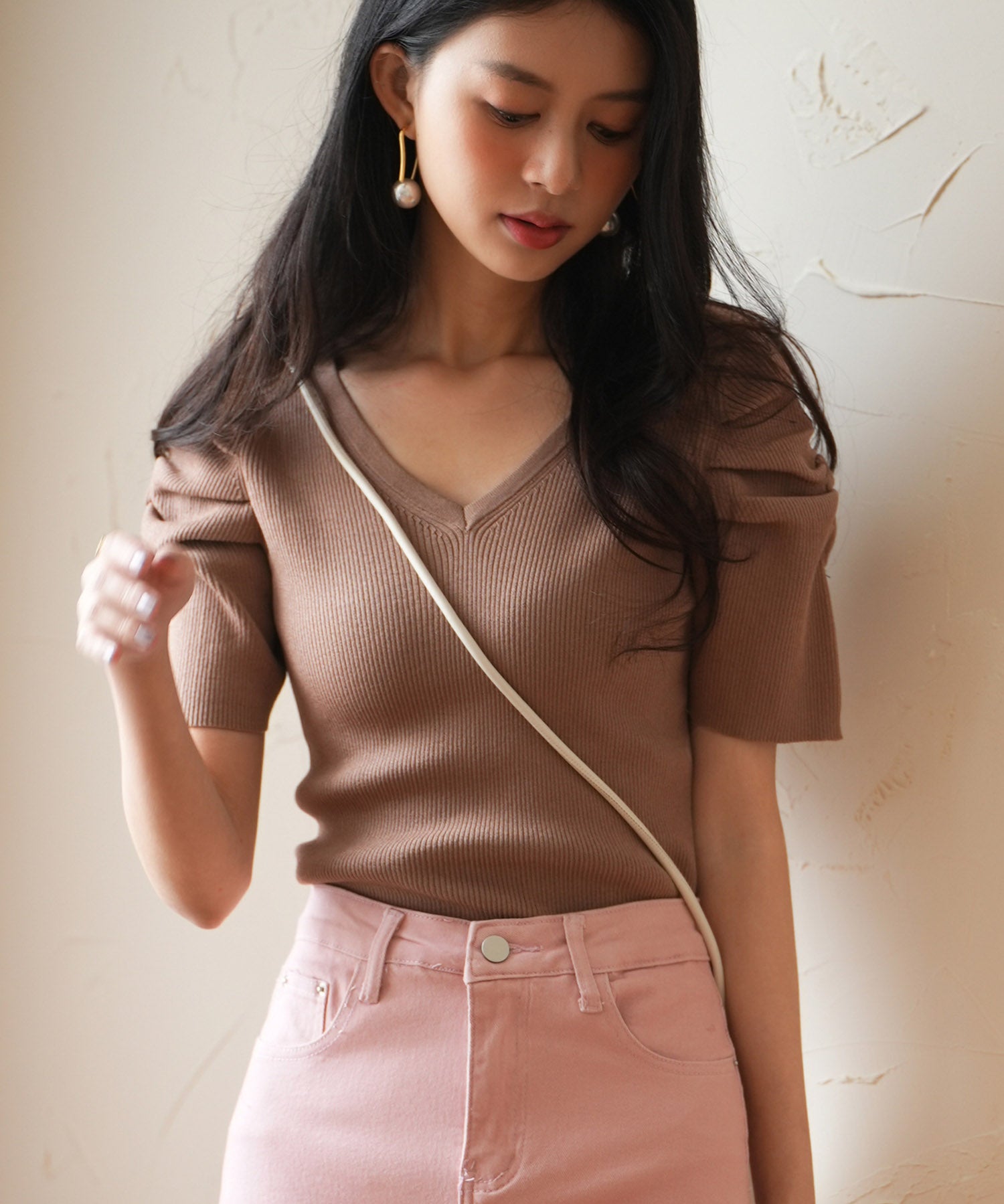 ギャザーパフスリーブVネックニットプルオーバsdpxyf6135 ブラウン