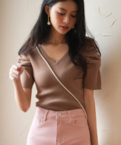 ギャザーパフスリーブVネックニットプルオーバsdpxyf6135 ブラウン