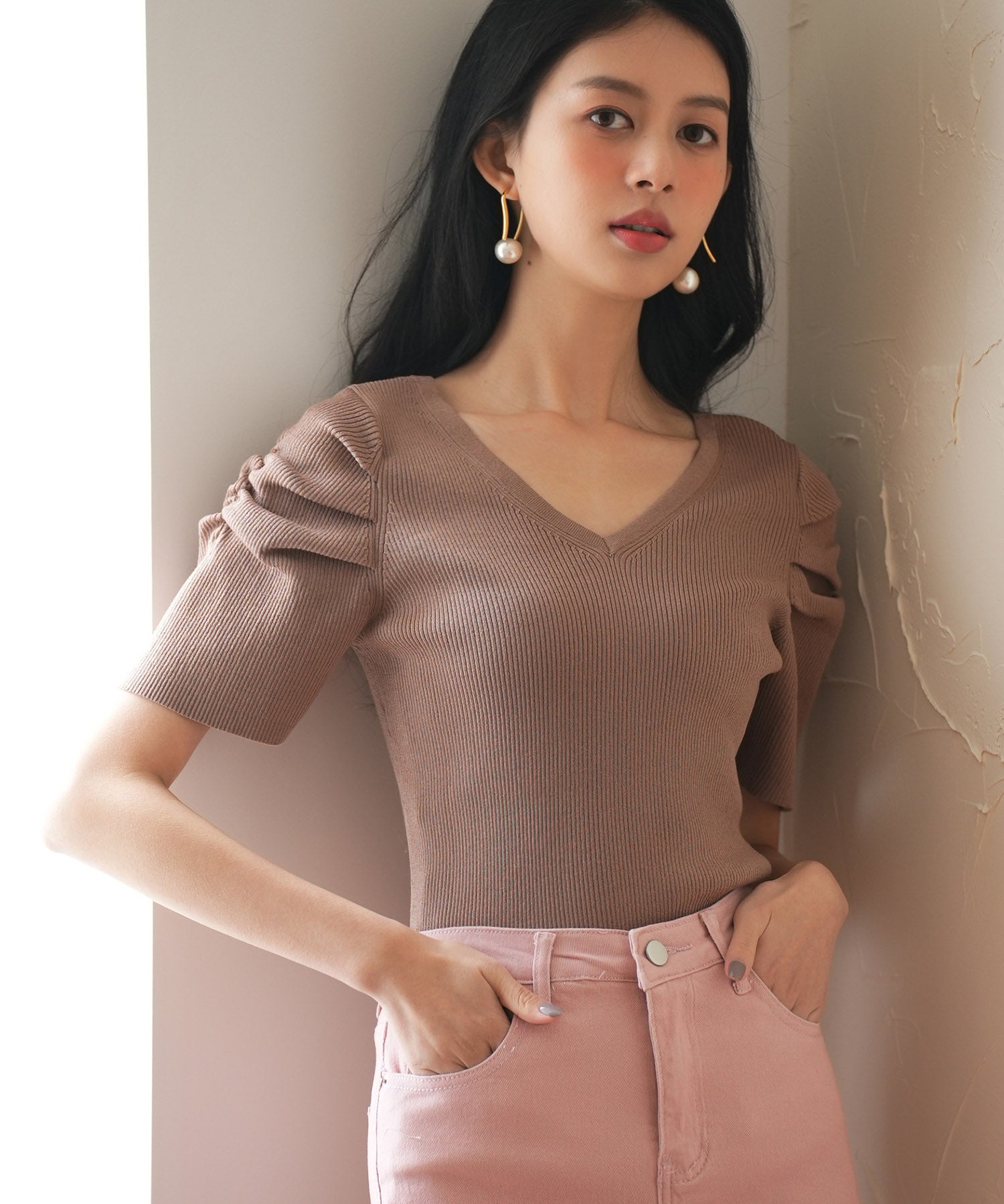 ギャザーパフスリーブVネックニットプルオーバsdpxyf6135 ブラウン