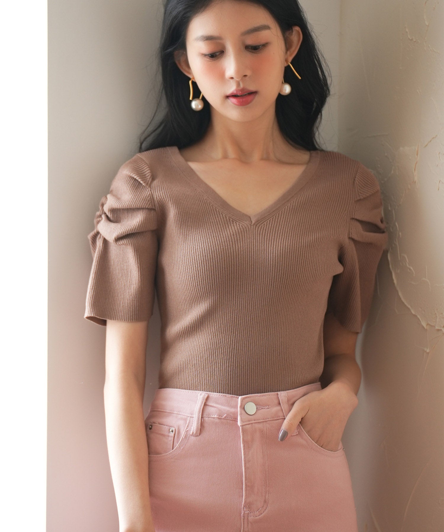 ギャザーパフスリーブVネックニットプルオーバsdpxyf6135 ブラウン