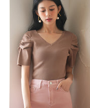 ギャザーパフスリーブVネックニットプルオーバsdpxyf6135 ブラウン