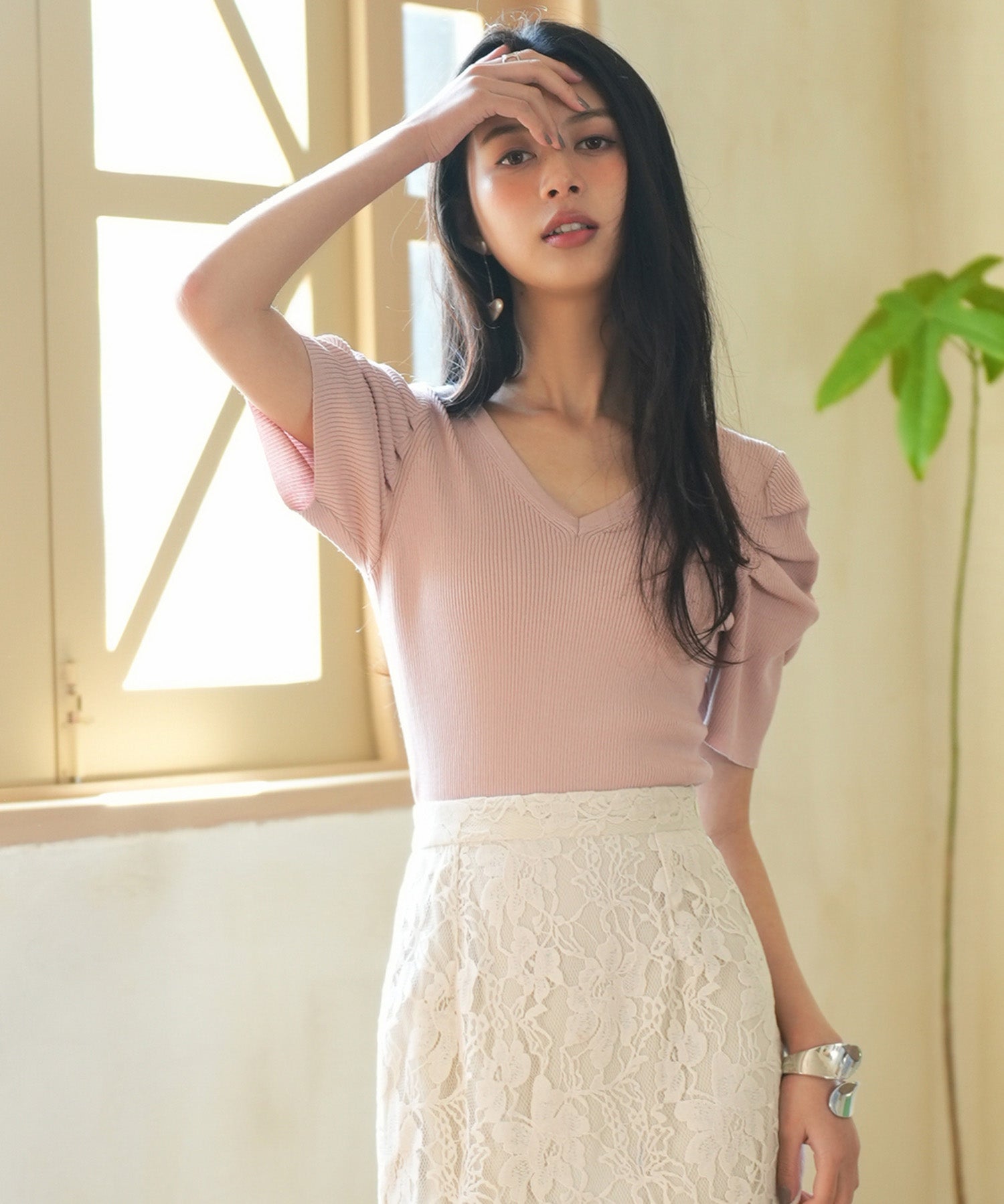 ギャザーパフスリーブVネックニットプルオーバsdpxyf6135 ピンク