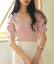 ギャザーパフスリーブVネックニットプルオーバsdpxyf6135 ピンク