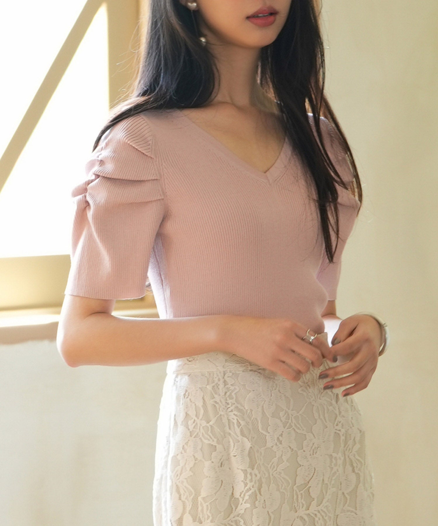 ギャザーパフスリーブVネックニットプルオーバsdpxyf6135 ピンク