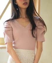 ギャザーパフスリーブVネックニットプルオーバsdpxyf6135 ピンク