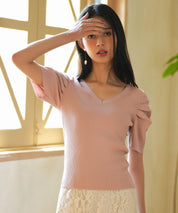 ギャザーパフスリーブVネックニットプルオーバsdpxyf6135 ピンク