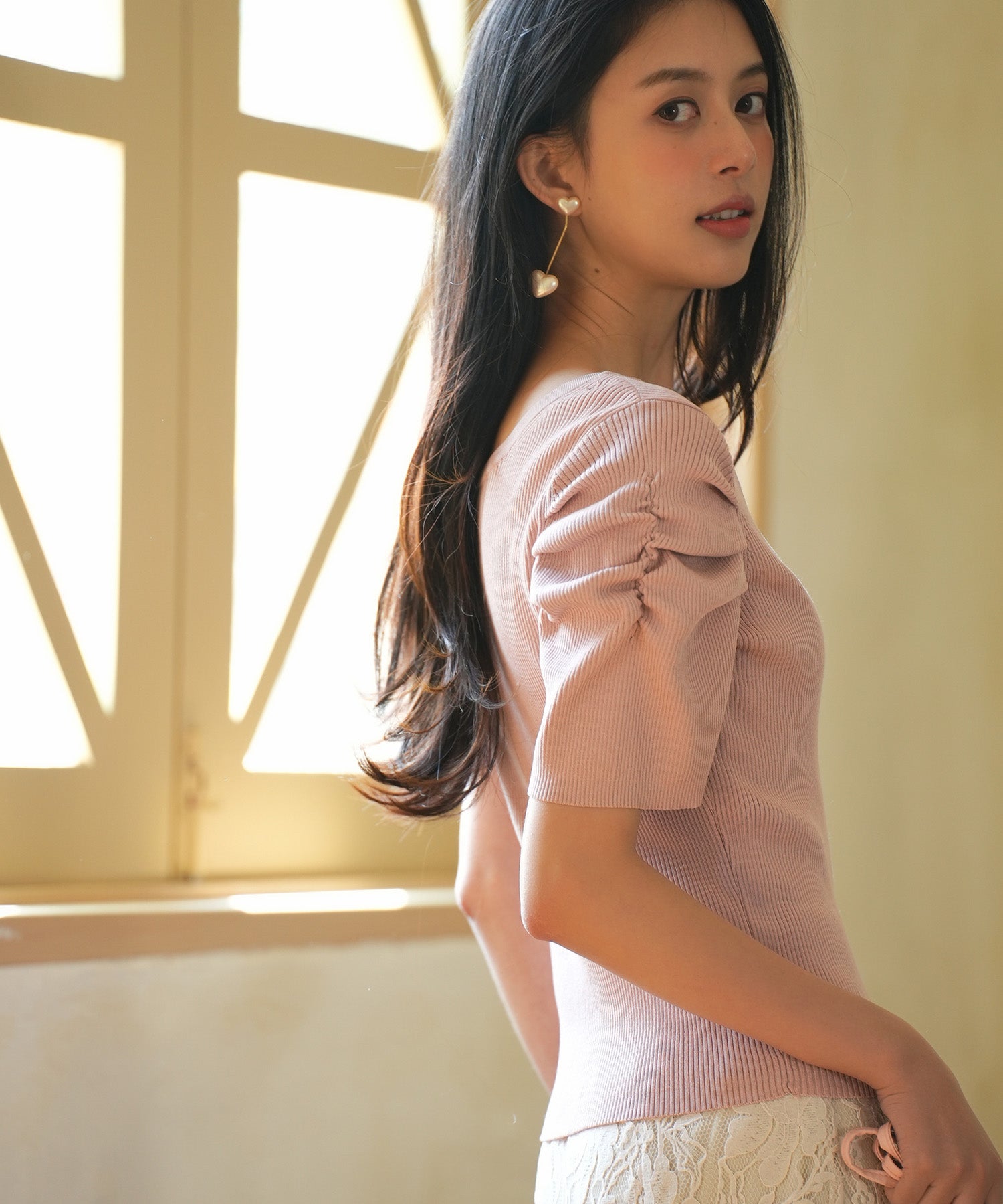 ギャザーパフスリーブVネックニットプルオーバsdpxyf6135 ピンク