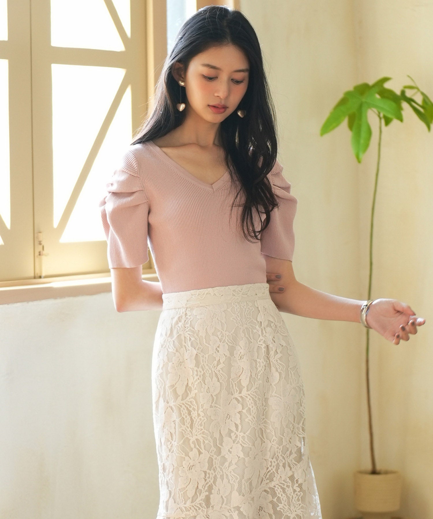 ギャザーパフスリーブVネックニットプルオーバsdpxyf6135 ピンク