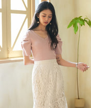 ギャザーパフスリーブVネックニットプルオーバsdpxyf6135 ピンク