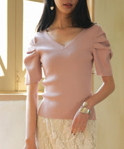 ギャザーパフスリーブVネックニットプルオーバsdpxyf6135 ピンク