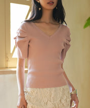 ギャザーパフスリーブVネックニットプルオーバsdpxyf6135 ピンク