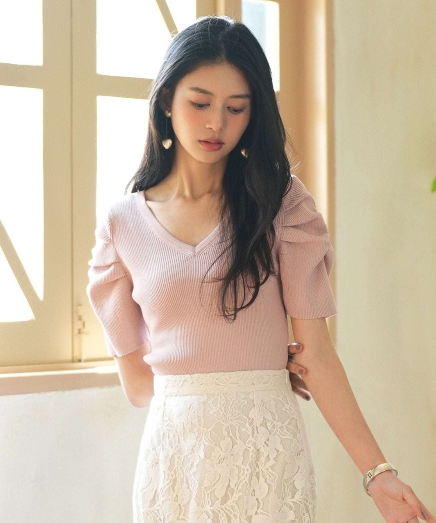 ギャザーパフスリーブVネックニットプルオーバsdpxyf6135 ピンク