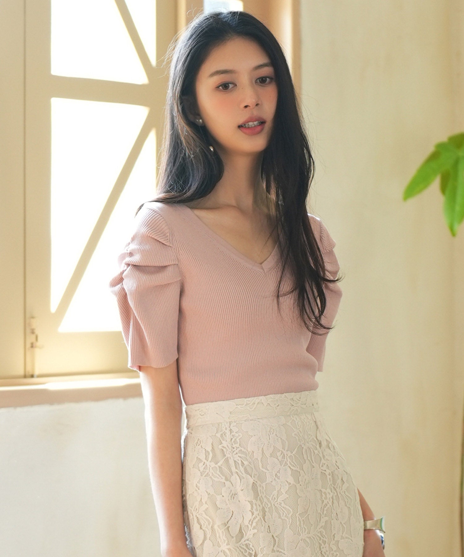 ギャザーパフスリーブVネックニットプルオーバsdpxyf6135 ピンク