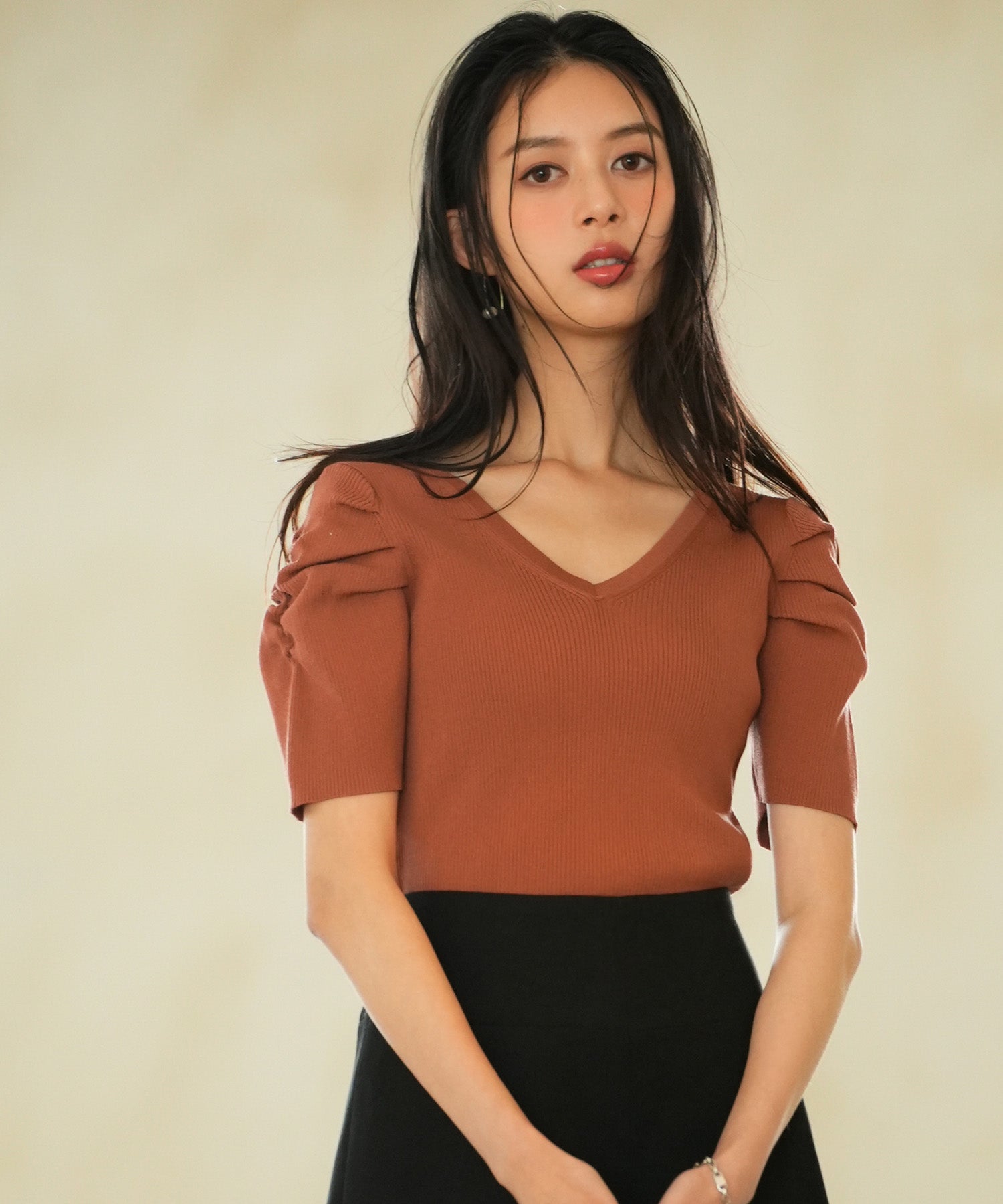 ギャザーパフスリーブVネックニットプルオーバsdpxyf6135-103-337