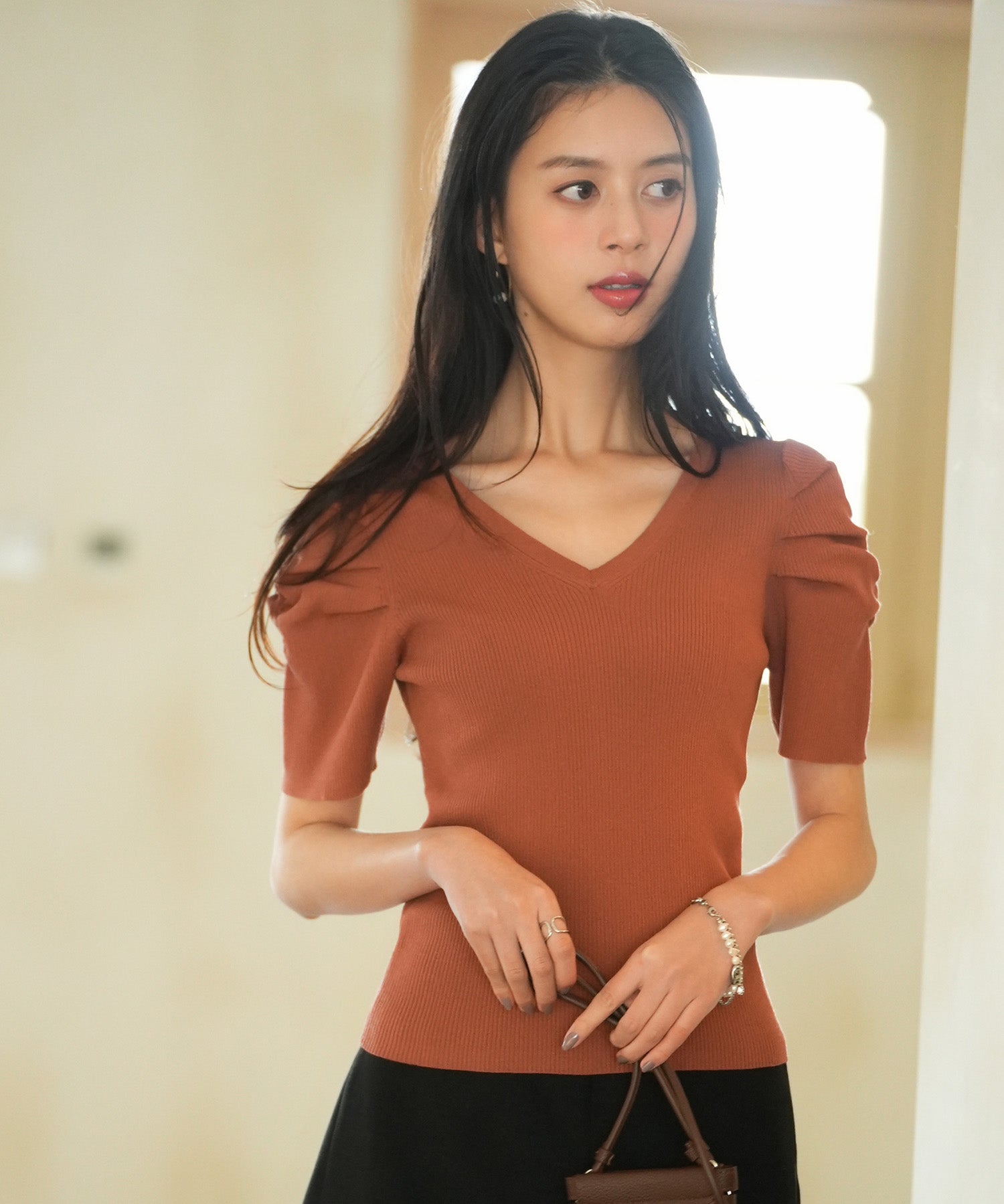 ギャザーパフスリーブVネックニットプルオーバsdpxyf6135 レンガ