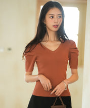 ギャザーパフスリーブVネックニットプルオーバsdpxyf6135 レンガ