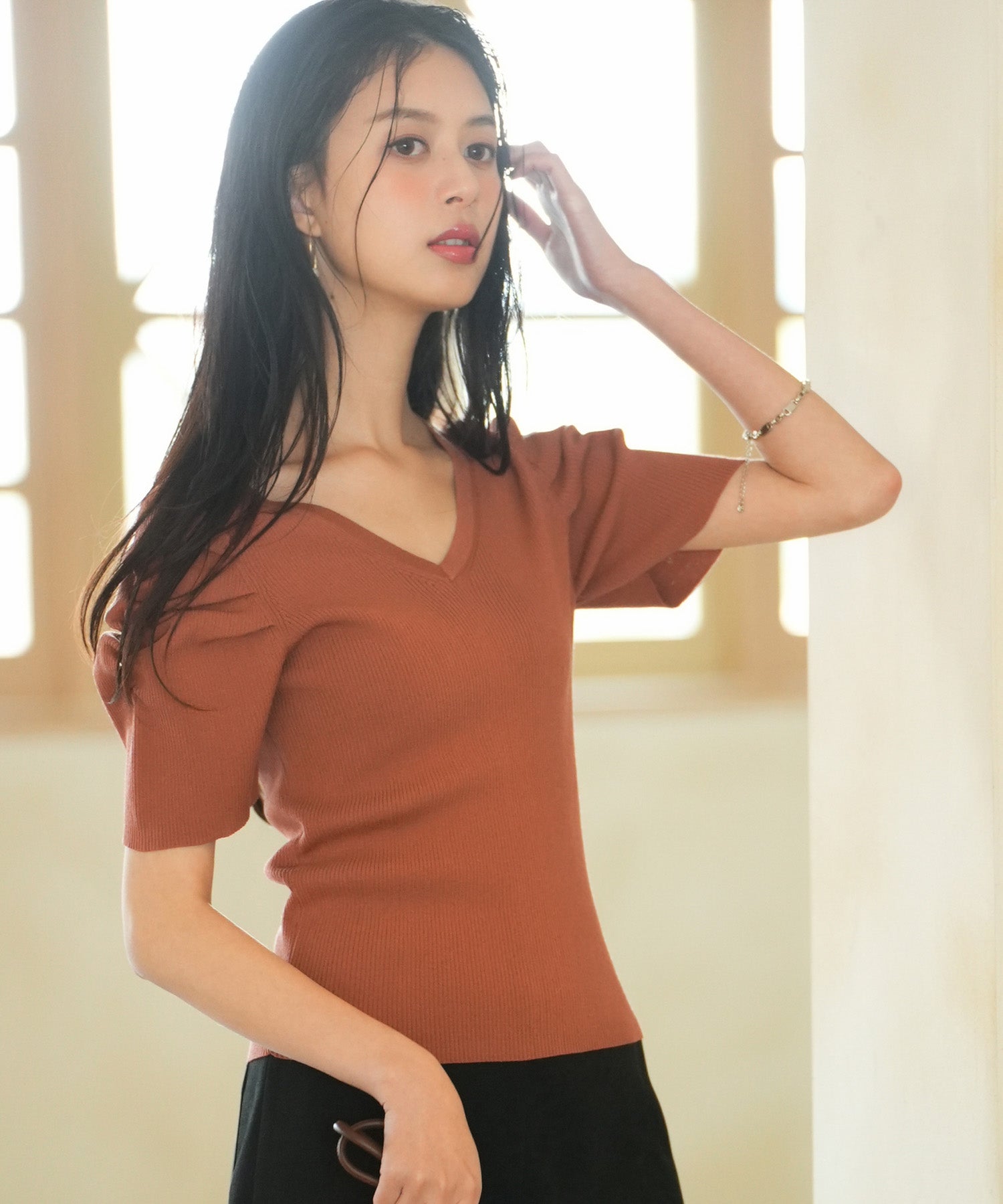 ギャザーパフスリーブVネックニットプルオーバsdpxyf6135 レンガ