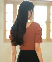 ギャザーパフスリーブVネックニットプルオーバsdpxyf6135 レンガ