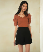 ギャザーパフスリーブVネックニットプルオーバsdpxyf6135 レンガ