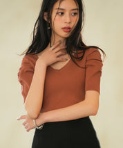 ギャザーパフスリーブVネックニットプルオーバsdpxyf6135 レンガ