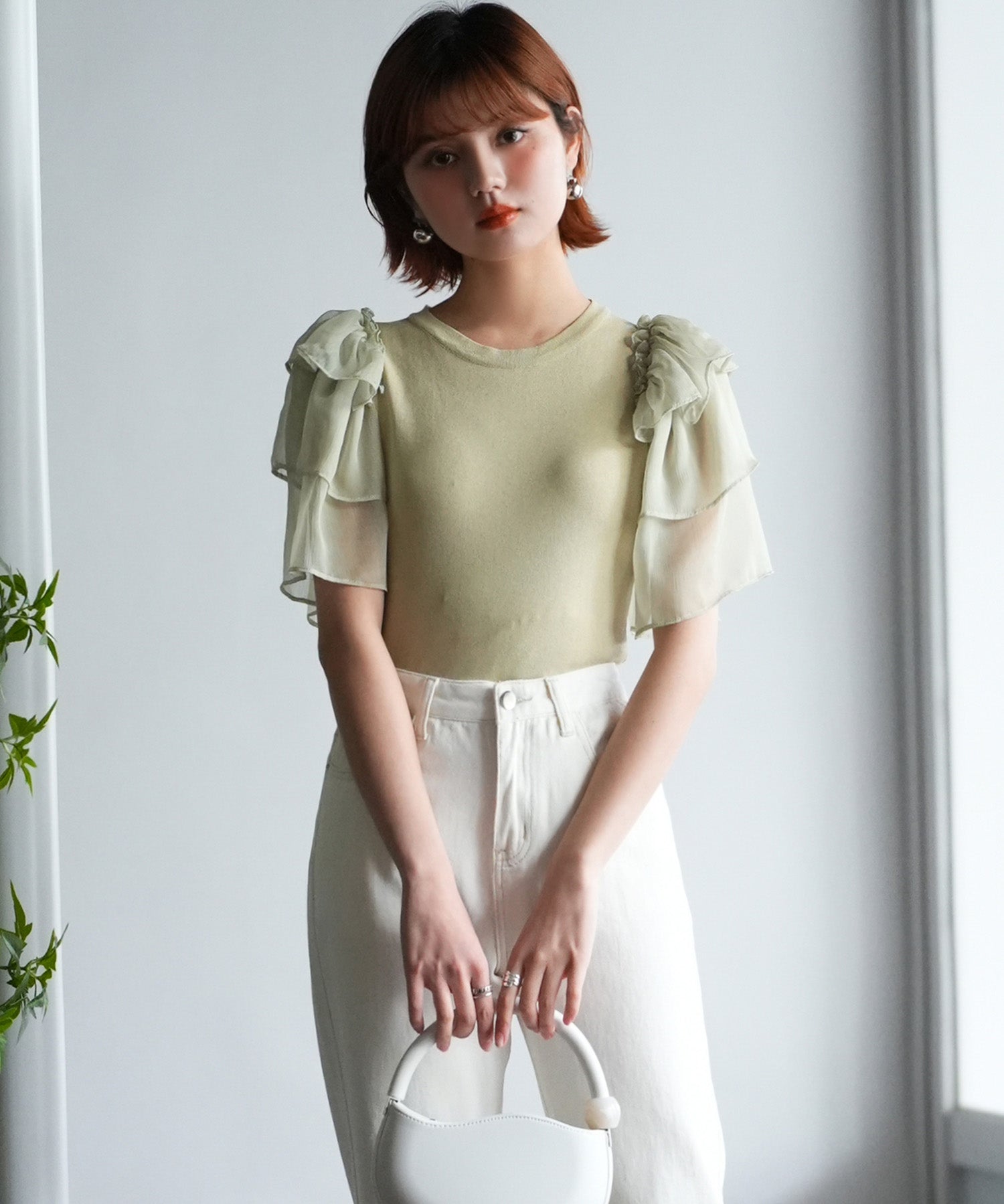 シフォンスリーブ×ニットのドッキングプルオーバーsdpxyf6137 グリーン