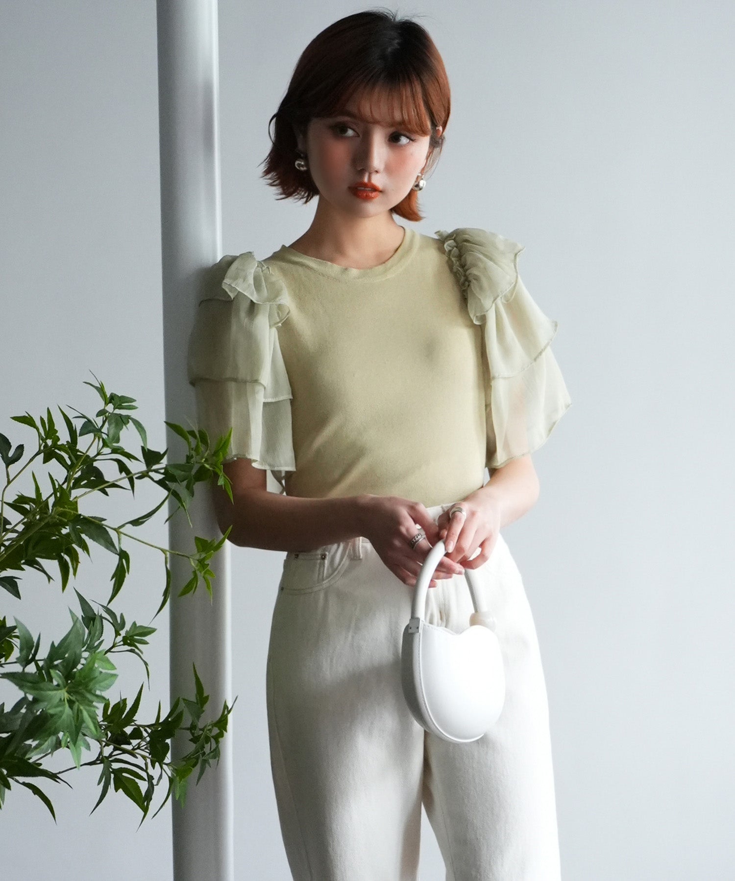 シフォンスリーブ×ニットのドッキングプルオーバーsdpxyf6137 グリーン