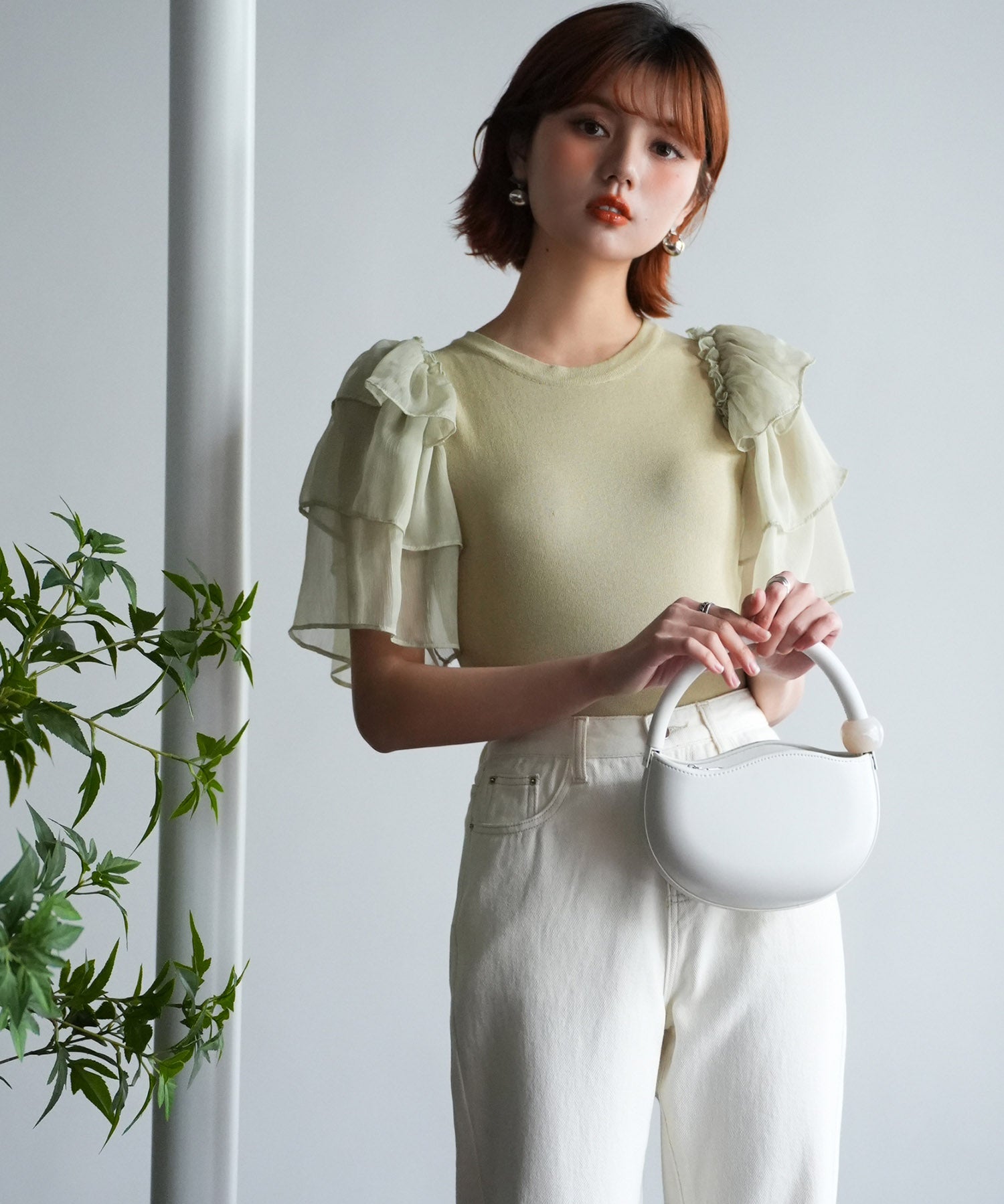 シフォンスリーブ×ニットのドッキングプルオーバーsdpxyf6137 グリーン