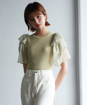 シフォンスリーブ×ニットのドッキングプルオーバーsdpxyf6137 グリーン