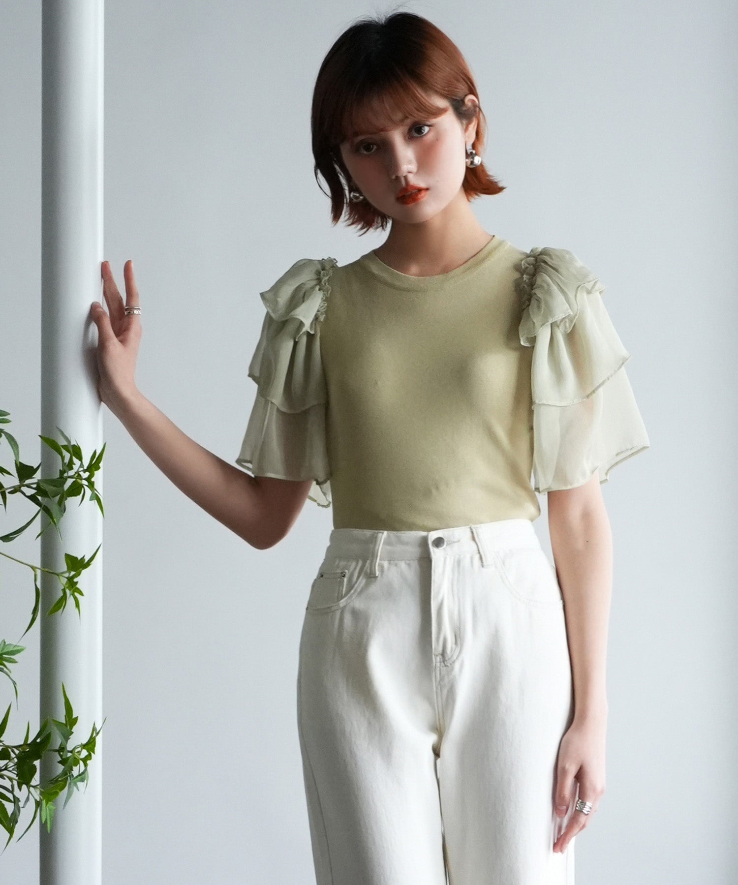 シフォンスリーブ×ニットのドッキングプルオーバーsdpxyf6137 グリーン