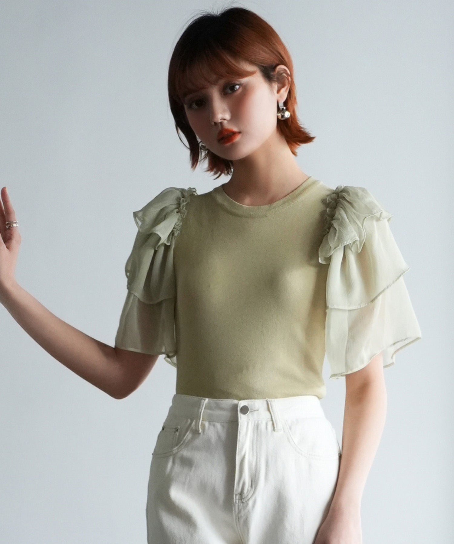 シフォンスリーブ×ニットのドッキングプルオーバーsdpxyf6137 グリーン